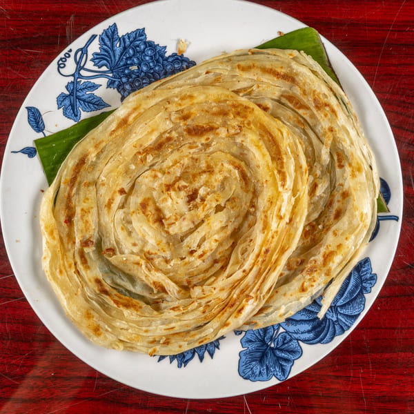 Two golden-brown, flaky Indian parathas on a white plate with blue floral designs.